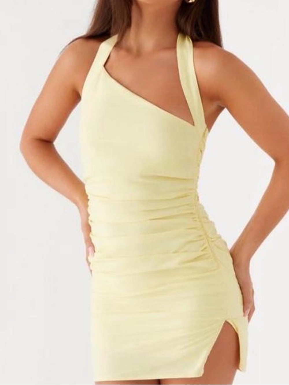 Peppermayo Yellow Halter Ruched Mini Dress